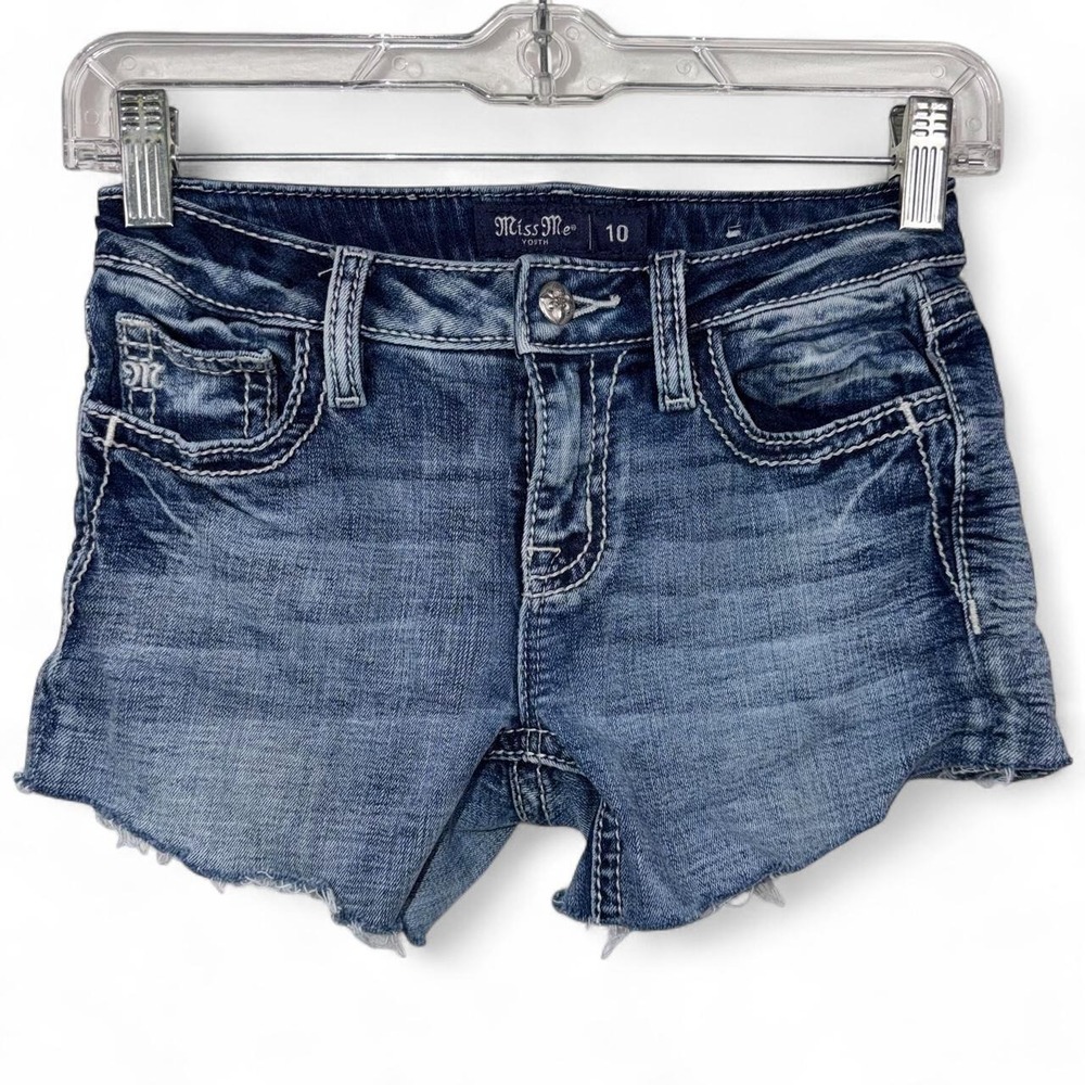 Miss Me Embellished Cut Off Denim Shorts Y2K McBling Adjustable Waist